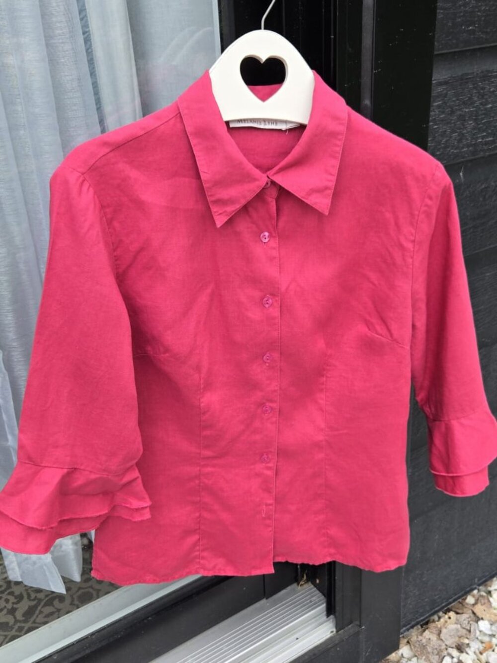 Melanie Lyne 100% Linen Raspberry Ruffle Sleeve Blouse Size M PTP20 - Picture 5 of 11